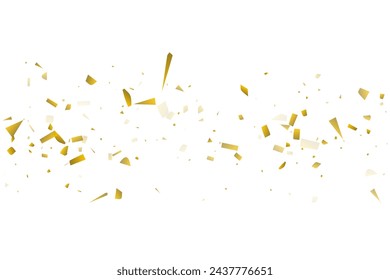 Golden confetti fall on a white background. Flying shiny particles illustration. Decorative element. Luxury background for your design, postcards, invitations, gift, VIP.