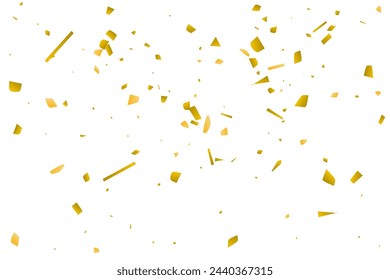Goldene Konfetti fallen auf einen weißen Hintergrund. Fliegende glänzende Teilchen Illustration. Dekoratives Element. Luxus-Hintergrund für Ihr Design, Postkarten, Einladungen, Geschenk, VIP.