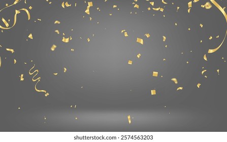 Golden confetti fall on a white background. Flying shiny particles illustration. Decorative element. Luxury background for your design, postcards, invitations, gift