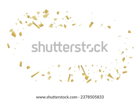 Golden confetti fall on a white background. Flying shiny particles illustration. Decorative element. Luxury background for your design, postcards, invitations, gift, VIP.