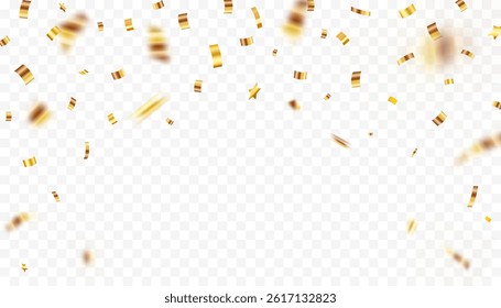 Golden Confetti Falling, Celebration Background with Shiny Decorative Elements on Transparent Backdrop. Carnival ribbons, confetti,