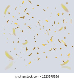 Golden confetti falling down isolated over grey background. Some of them at bokeh blurred. Vector illustration.