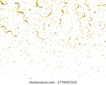 Golden confetti falling down on white background creating festive celebration atmosphere for party event success announcement and joyful design compositions