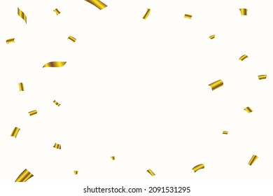 Golden confetti falling frame isolated on white background. Festival elements. Anniversary and birthday celebration. Confetti vector for carnival background. Shiny tinsel and confetti falling.