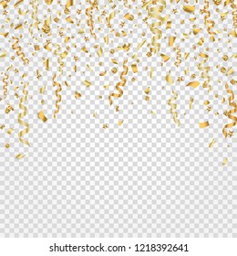 Golden confetti with falling glitter particles. Holiday bright design for web banner, poster, flyer, invitation. Bright glitter decorating festive greeting cards. Star dust. Vector illustration.