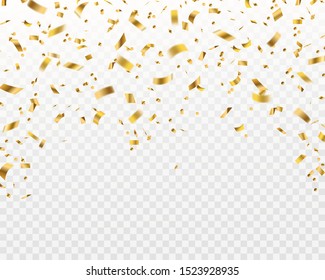 Golden confetti. Falling gold foil ribbons, flying yellow glitter. Christmas holiday and anniversary party vector isolated rich celebrate texture