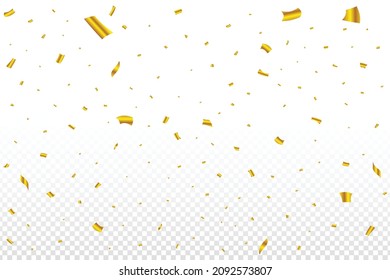 Golden confetti falling isolated on transparent background. Carnival elements. Confetti vector illustration for festival background. Golden party tinsel and confetti falling. Anniversary celebration.