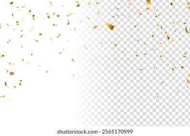golden confetti falling isolated on white background. shiny gold confetti on transparent background best for holiday, birthday, celebration party, etc.
