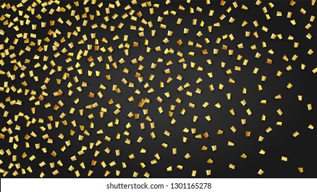 Golden Confetti Falling on Black Backdrop. Holiday Decoration Elements on Universal Background. Festive Pattern. Trendy Modern Luxury Template. Vector Background with Many Golden Confetti.