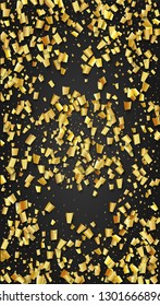 Golden Confetti Falling on Black Backdrop. Trendy Modern Luxury Template. Festive Pattern. Holiday Decoration Elements on Universal Background. Vector Background with Many Golden Confetti.