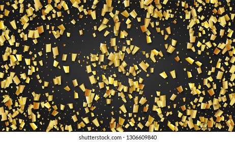 Golden Confetti Falling on Black Backdrop. Festive Pattern. Holiday Decoration Elements on Universal Background. Trendy Modern Luxury Template. Vector Background with Many Golden Confetti.