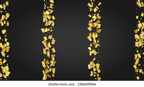 Golden Confetti Falling on Black Backdrop. Holiday Decoration Elements on Universal Background. Festive Pattern. Trendy Modern Luxury Template. Vector Background with Many Golden Confetti.