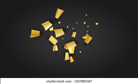 Golden Confetti Falling on Black Backdrop. Festive Pattern. Holiday Decoration Elements on Universal Background. Trendy Modern Luxury Template. Vector Background with Many Golden Confetti.