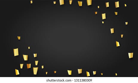 Golden Confetti Falling on Black Backdrop. Trendy Modern Luxury Template. Holiday Decoration Elements on Universal Background. Festive Pattern. Vector Background with Many Golden Confetti.