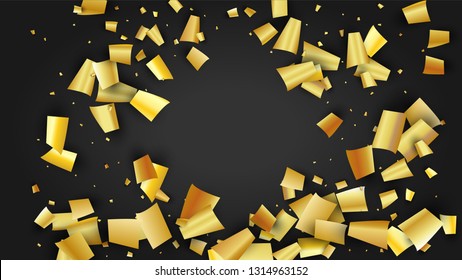 Golden Confetti Falling on Black Backdrop. Festive Pattern. Trendy Modern Luxury Template. Holiday Decoration Elements on Universal Background. Vector Background with Many Golden Confetti.