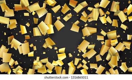 Golden Confetti Falling on Black Backdrop. Festive Pattern. Trendy Modern Luxury Template. Holiday Decoration Elements on Universal Background. Vector Background with Many Golden Confetti.