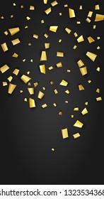 Golden Confetti Falling on Black Backdrop. Trendy Modern Luxury Template. Festive Pattern. Holiday Decoration Elements on Universal Background. Vector Background with Many Golden Confetti.