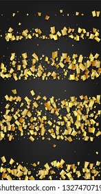 Golden Confetti Falling on Black Backdrop. Trendy Modern Luxury Template. Holiday Decoration Elements on Universal Background. Festive Pattern. Vector Background with Many Golden Confetti.