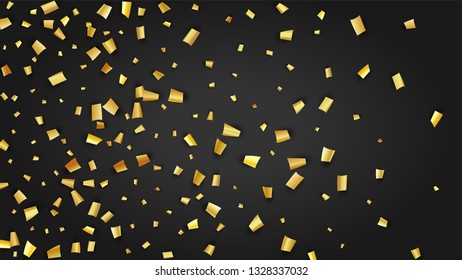 Golden Confetti Falling on Black Backdrop. Festive Pattern. Holiday Decoration Elements on Universal Background. Trendy Modern Luxury Template. Vector Background with Many Golden Confetti.