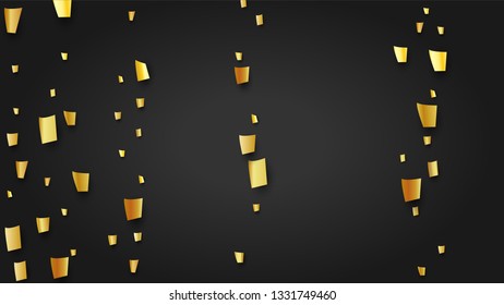 Golden Confetti Falling on Black Backdrop. Trendy Modern Luxury Template. Holiday Decoration Elements on Universal Background. Festive Pattern. Vector Background with Many Golden Confetti.