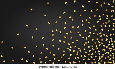 Golden Confetti Falling on Black Backdrop. Trendy Modern Luxury Template. Holiday Decoration Elements on Universal Background. Festive Pattern. Vector Background with Many Golden Confetti.
