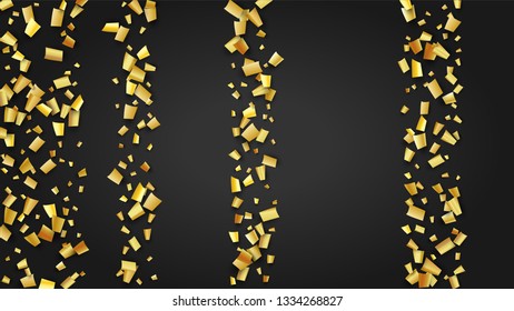 Golden Confetti Falling on Black Backdrop. Trendy Modern Luxury Template. Festive Pattern. Holiday Decoration Elements on Universal Background. Vector Background with Many Golden Confetti.