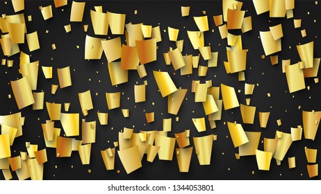 Golden Confetti Falling on Black Backdrop. Holiday Decoration Elements on Universal Background. Festive Pattern. Trendy Modern Luxury Template. Vector Background with Many Golden Confetti.