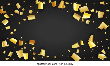 Golden Confetti Falling on Black Backdrop. Festive Pattern. Trendy Modern Luxury Template. Holiday Decoration Elements on Universal Background. Vector Background with Many Golden Confetti.