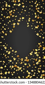 Golden Confetti Falling on Black Backdrop. Trendy Modern Luxury Template. Festive Pattern. Holiday Decoration Elements on Universal Background. Vector Background with Many Golden Confetti.