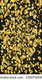 Golden Confetti Falling on Black Backdrop. Holiday Decoration Elements on Universal Background. Festive Pattern. Trendy Modern Luxury Template. Vector Background with Many Golden Confetti.