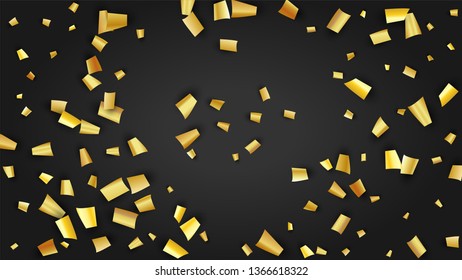 Golden Confetti Falling on Black Backdrop. Festive Pattern. Trendy Modern Luxury Template. Holiday Decoration Elements on Universal Background. Vector Background with Many Golden Confetti.