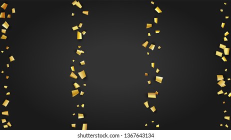 Golden Confetti Falling on Black Backdrop. Festive Pattern. Trendy Modern Luxury Template. Holiday Decoration Elements on Universal Background. Vector Background with Many Golden Confetti.