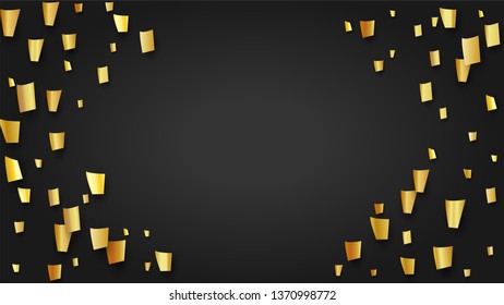 Golden Confetti Falling on Black Backdrop. Trendy Modern Luxury Template. Festive Pattern. Holiday Decoration Elements on Universal Background. Vector Background with Many Golden Confetti.