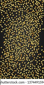 Golden Confetti Falling on Black Backdrop. Festive Pattern. Trendy Modern Luxury Template. Holiday Decoration Elements on Universal Background. Vector Background with Many Golden Confetti.