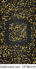 Golden Confetti Falling on Black Backdrop. Trendy Modern Luxury Template. Holiday Decoration Elements on Universal Background. Festive Pattern. Vector Background with Many Golden Confetti.