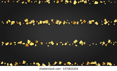 Golden Confetti Falling on Black Backdrop. Festive Pattern. Trendy Modern Luxury Template. Holiday Decoration Elements on Universal Background. Vector Background with Many Golden Confetti.