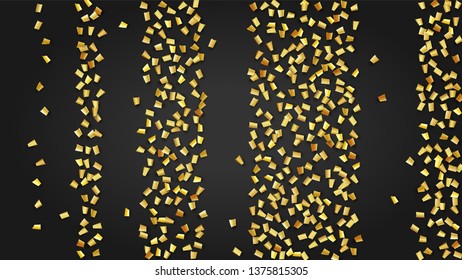 Golden Confetti Falling on Black Backdrop. Trendy Modern Luxury Template. Festive Pattern. Holiday Decoration Elements on Universal Background. Vector Background with Many Golden Confetti.