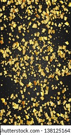 Golden Confetti Falling on Black Backdrop. Festive Pattern. Holiday Decoration Elements on Universal Background. Trendy Modern Luxury Template. Vector Background with Many Golden Confetti.