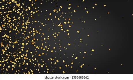 Golden Confetti Falling on Black Backdrop. Festive Pattern. Holiday Decoration Elements on Universal Background. Trendy Modern Luxury Template. Vector Background with Many Golden Confetti.