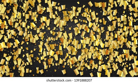 Golden Confetti Falling on Black Backdrop. Holiday Decoration Elements on Universal Background. Festive Pattern. Trendy Modern Luxury Template. Vector Background with Many Golden Confetti.