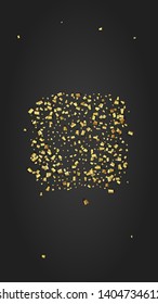 Golden Confetti Falling on Black Backdrop. Trendy Modern Luxury Template. Festive Pattern. Holiday Decoration Elements on Universal Background. Vector Background with Many Golden Confetti.
