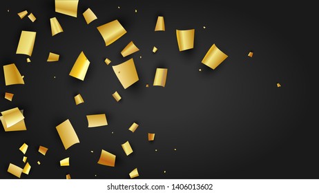 Golden Confetti Falling on Black Backdrop. Holiday Decoration Elements on Universal Background. Trendy Modern Luxury Template. Festive Pattern. Vector Background with Many Golden Confetti.