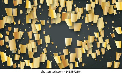 Golden Confetti Falling on Black Backdrop. Trendy Modern Luxury Template. Festive Pattern. Holiday Decoration Elements on Universal Background. Vector Background with Many Golden Confetti.