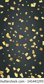 Golden Confetti Falling on Black Backdrop. Holiday Decoration Elements on Universal Background. Festive Pattern. Trendy Modern Luxury Template. Vector Background with Many Golden Confetti.