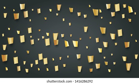 Golden Confetti Falling on Black Backdrop. Holiday Decoration Elements on Universal Background. Festive Pattern. Trendy Modern Luxury Template. Vector Background with Many Golden Confetti.