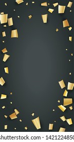 Golden Confetti Falling on Black Backdrop. Trendy Modern Luxury Template. Holiday Decoration Elements on Universal Background. Festive Pattern. Vector Background with Many Golden Confetti.