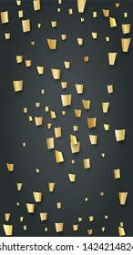 Golden Confetti Falling on Black Backdrop. Festive Pattern. Holiday Decoration Elements on Universal Background. Trendy Modern Luxury Template. Vector Background with Many Golden Confetti.
