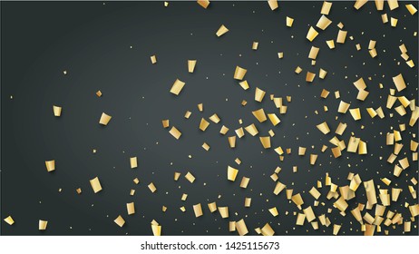 Golden Confetti Falling on Black Backdrop. Holiday Decoration Elements on Universal Background. Trendy Modern Luxury Template. Festive Pattern. Vector Background with Many Golden Confetti.