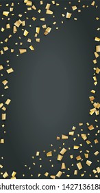 Golden Confetti Falling on Black Backdrop. Trendy Modern Luxury Template. Holiday Decoration Elements on Universal Background. Festive Pattern. Vector Background with Many Golden Confetti.