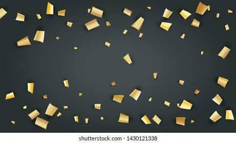 Golden Confetti Falling on Black Backdrop. Trendy Modern Luxury Template. Festive Pattern. Holiday Decoration Elements on Universal Background. Vector Background with Many Golden Confetti.